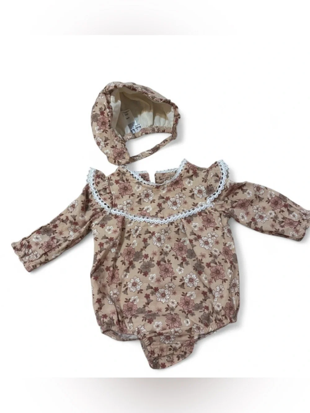Baby Girl Floral Lace-Trim Romper with Matching Bonnet - Beige Floral